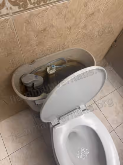Taza de baño con el tanque destapado; adentro se ven las piezas manchadas y agua con sarro amarillento.