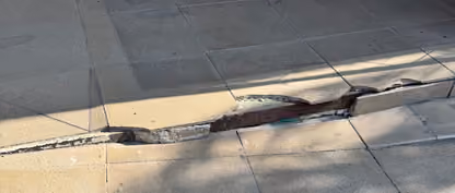 Losa de concreto partida en el borde de una rampa-escalera de acceso al Edificio 7, con una varilla metálica oxidada expuesta a lo largo de toda la grieta.