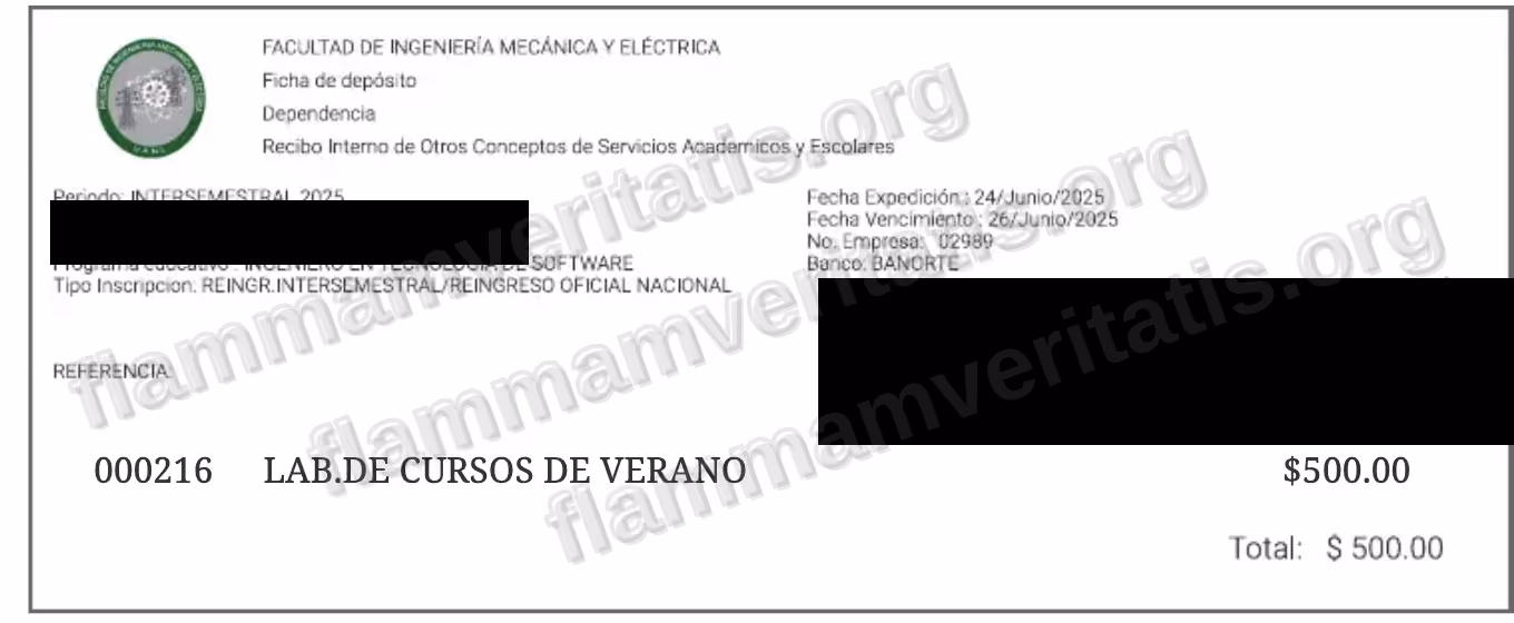 Boleta oficial de FIME, Recibo Interno de Otros Conceptos de Servicios Académicos y Escolares, periodo Intersemestral 2025, con el cargo de Lab. de Cursos de Verano de $500.00. El nombre, la matrícula de la alumna y el código de barras que los reproduce están cubiertos con una franja negra antes de publicar la imagen.