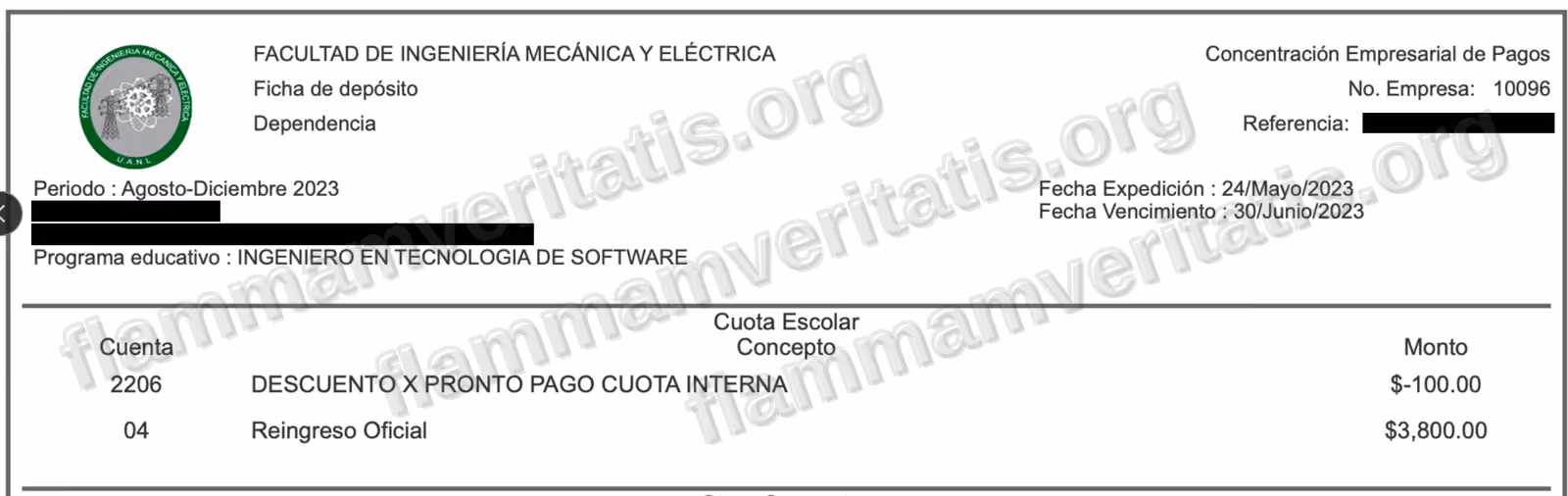 Boleta pagada de Tesorería General de la UANL, semestre agosto-diciembre 2023, con el mismo cargo de Reingreso Oficial de $3,800 y el mismo descuento por pronto pago que la boleta de enero-junio 2023. El nombre y la matrícula del alumno están cubiertos con una franja negra antes de publicar la imagen.