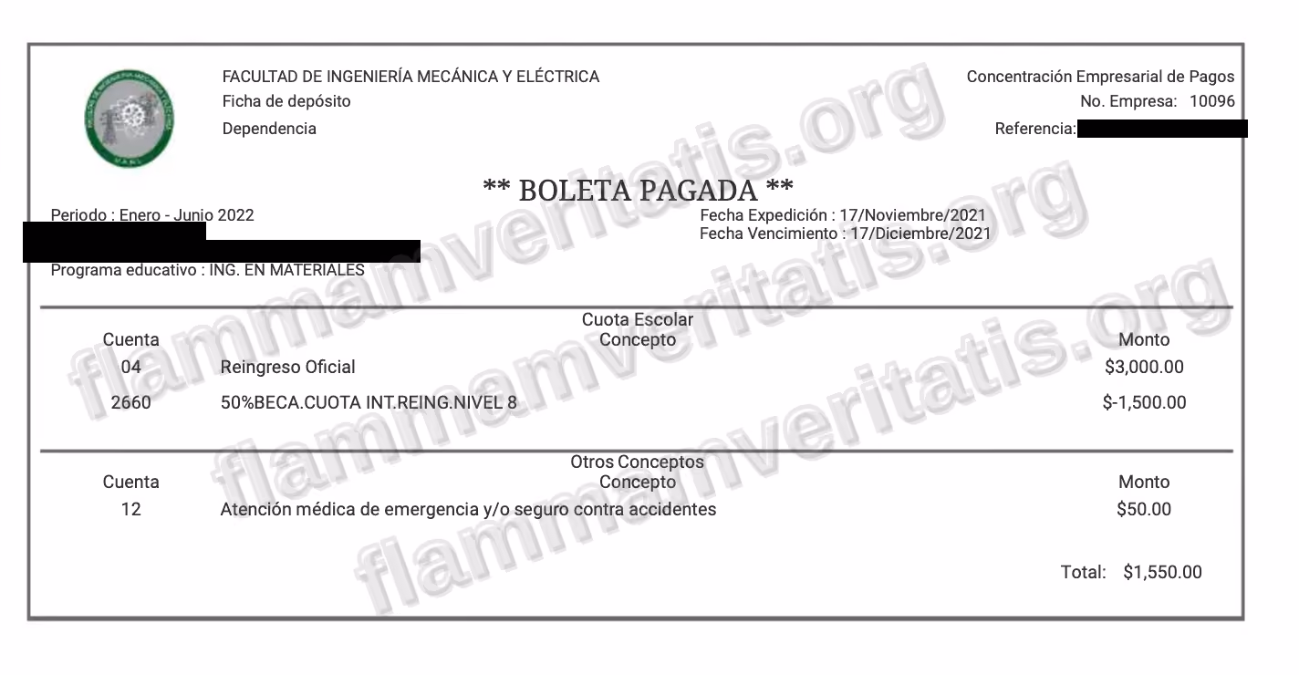 Boleta pagada de Tesorería General de la UANL, semestre enero-junio 2022, con el cargo de Reingreso Oficial y el desglose de conceptos y montos en FIME. El nombre y la matrícula del alumno están cubiertos con una franja negra antes de publicar la imagen.